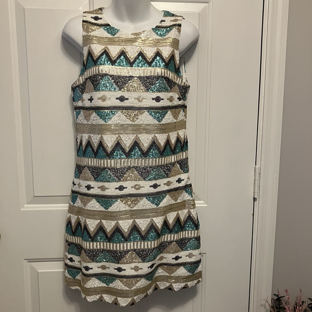 Gianni Bini Sz Small Sequin Party Dress White Gold Sleeveless Mini Cocktail